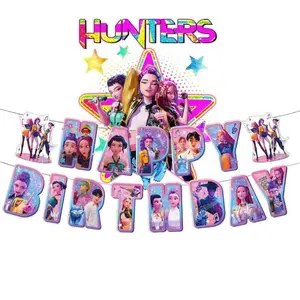 Demon Hunter Anime Birthday Decorative Banner, Shiny Character Print Party Pull Flag, 14.3x18.2 Cm Letter Decoration, Perfect for Birthdays, Christmas, Halloween, Versatile Events