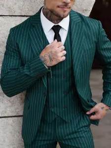 Men's Long Sleeve Pinstripe 3-Piece Suit for Business Formal, Wedding Groom & Office Occasions