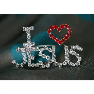 Handmade Rhinestone "I Love Jesus" Lapel Pin Brooch with Austrian Crystal, Fashion Emblem Badge Decoration for Clothes Collar Accessories