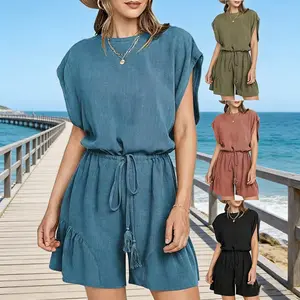 Women's Linen Blend Short Sleeve Romper - Casual Tie-Waist Summer Jumpsuit - Mother's Day Gift