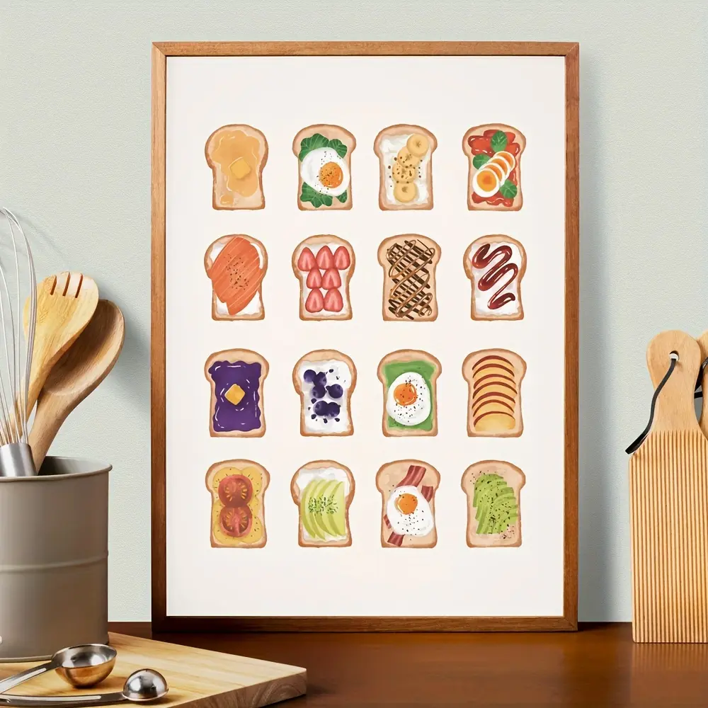 1pc Art Deco Modern Contemporary Kitchen Wall Art - Bread & Sandwich Illustration Canvas Print - Spring Summer Space Theme Poster for Home Decor, Bedroom, Living Room, Restaurants - Ink Artwork Portrait Orientation, Unframed