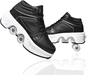 UonrvaoN Roller Skate Shoes For Men And Women, 4Wheel Retractable Roller Skates,2-in-1 Roller ShoesOutdoor Sneakers With Wheels Black silver