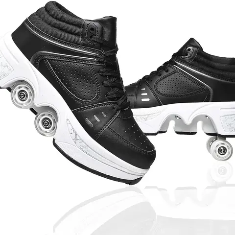 UonrvaoN Men's 2-in-1 Adjustable Rollerskates, 4-Wheel Retractable Adjustable Wheel Casual Trainers with Auto Button, Thick EVA+Rubber Sole Outdoor Skating Shoes (Black Silver)
