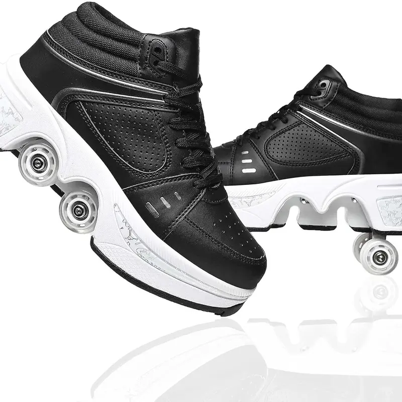 UonrvaoN Men's 2-in-1 Adjustable Rollerskates, 4-Wheel Retractable Adjustable Wheel Casual Trainers with Auto Button, Thick EVA+Rubber Sole Outdoor Skating Shoes (Black Silver)