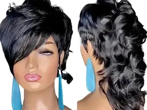 Human Hair Wig With Bangs Mullet Wig Curly Wave Pixie Cut Brazilian NaturalF