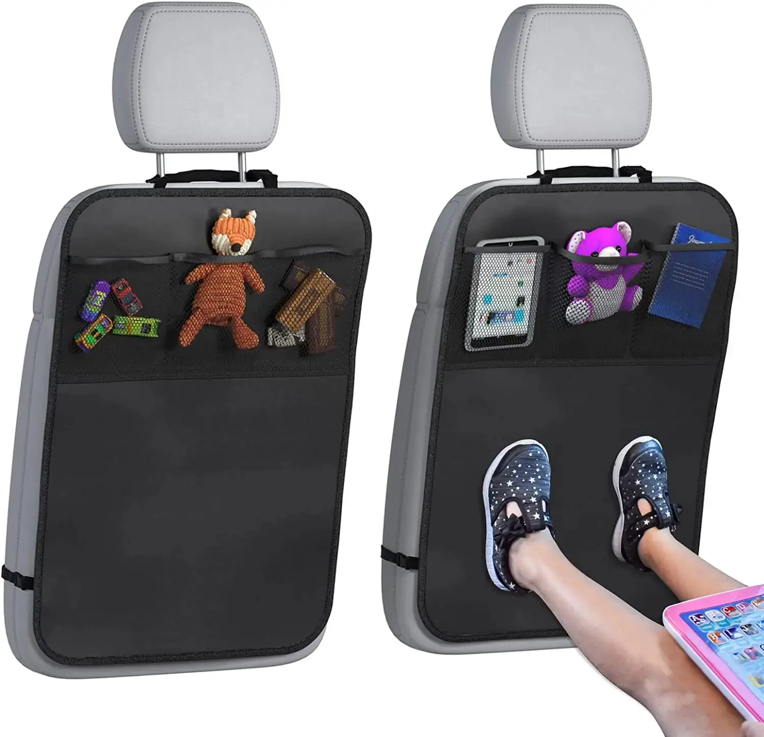 Black Seat Cover For Kids,3 Pocket Storage Organizer,Water-resistana Fabric Kick Mats Backseat Protector,Car seat back protective cover – a universal automotive accessory designed to protect against dust, mud, and scratches,Car Travel Storage,