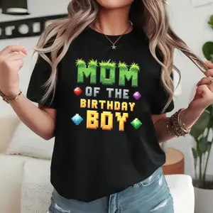 Gamer Mom of the Birthday Boy Shirt, Pixel Minecraft Style Birthday Tee, Video Game Party Mom Casual Top, Matching Family Outfit