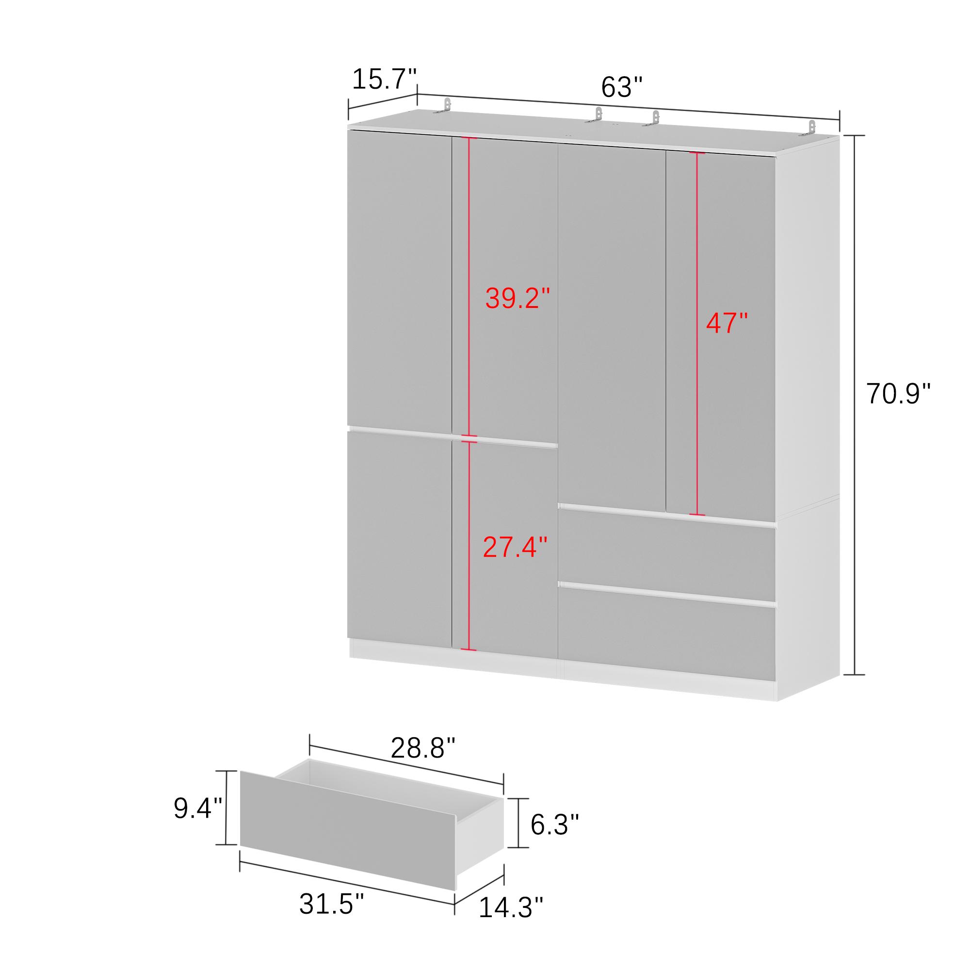 FUFU&GAGA 3 Types Mirror Wardrobe Armoire with Drawers, Full Length Glass Mirrors, 2 Smooth Sliding Drawers & Hanging Rod for Bedroom Storage