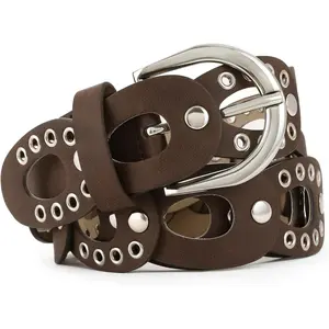 Women's Fashion Belt Dark Green Leather with Silver Grommet Hollow Design Waist Belt for Pants Jeans Dresses gold buckle