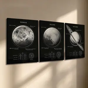 3 Pcs/Set Wooden-Framed Canvas Painting, Solar System Planet Triptych Canvas Wall Art, Black and White Space Print for Living Room, Bedroom, Office Decoration, Modern Home Decor, Fashion Artistic Ornaments, Artwork