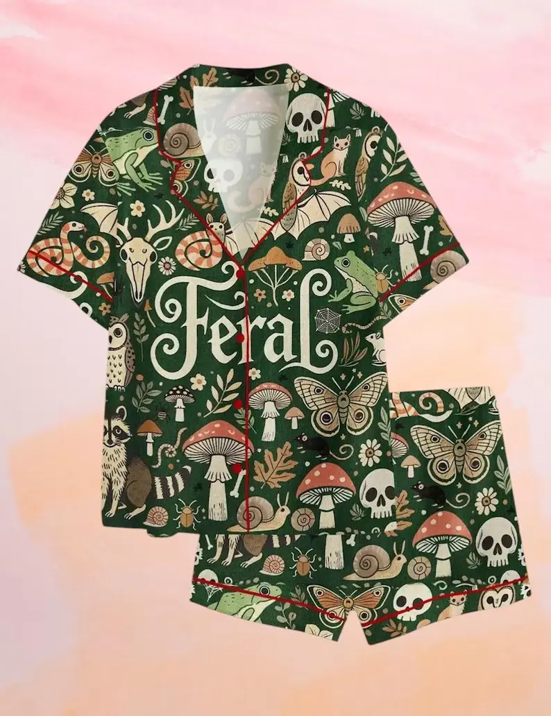 Feral Goblincore Pajama Set Women Loose Comfy Dark Mushroom Skull Moth Snail Frog Forest Print Short Sleeve Button Shirt Shorts PJ Set