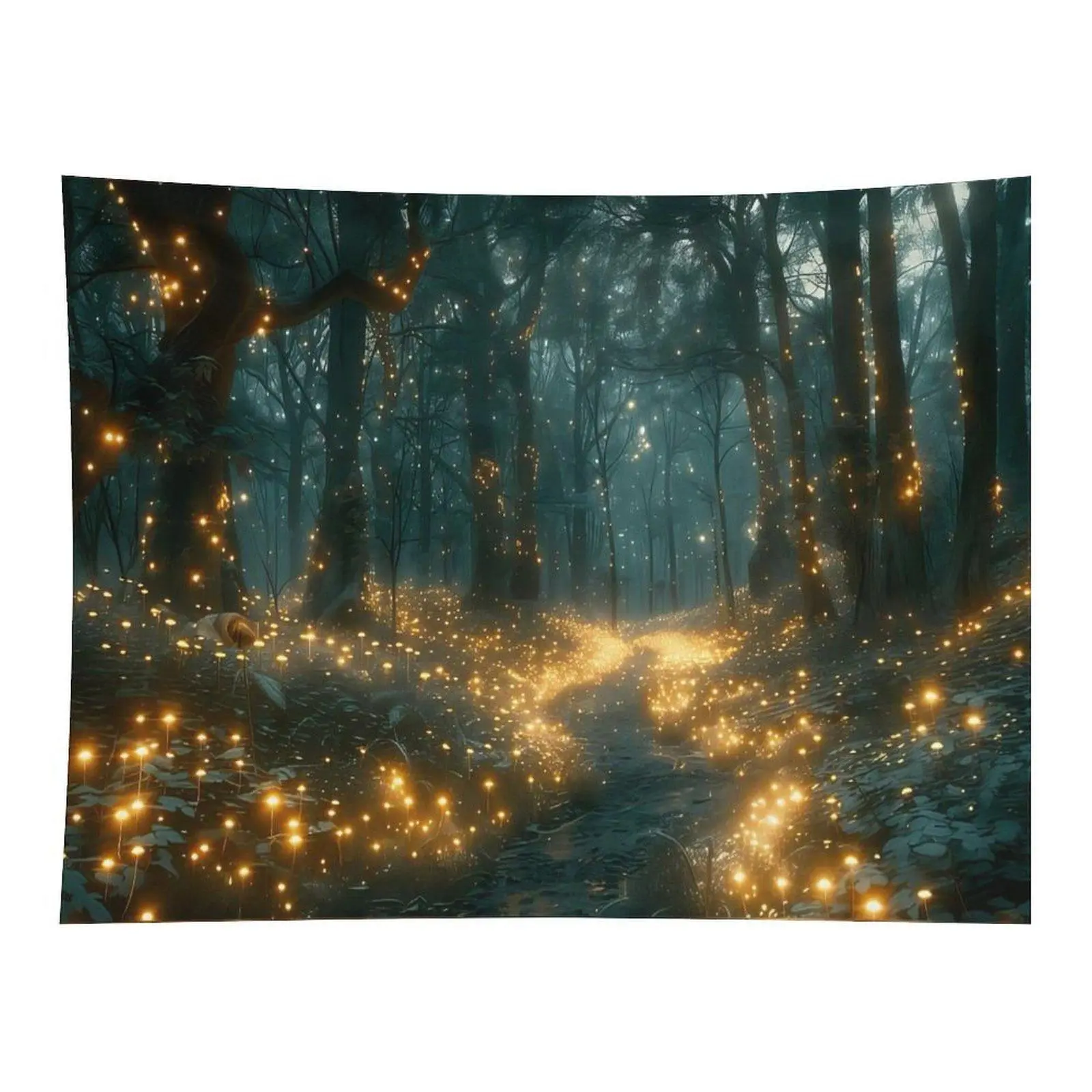 Magical Dark Enchanted Firefly Forest Glowing Mushroom Night Path Wall Tapestry Wall Hanging, Dreamy Witchy Cottagecore Mystic Nature Decor for Altar Bedroom Ornament