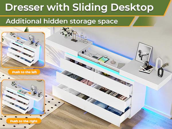 Sikaic LED Lights Dresser for Bedroom with Charging Station and Sliding Desktop Drawers Large Storage Tower Clothes Organizer Cabinet Apartment Furniture