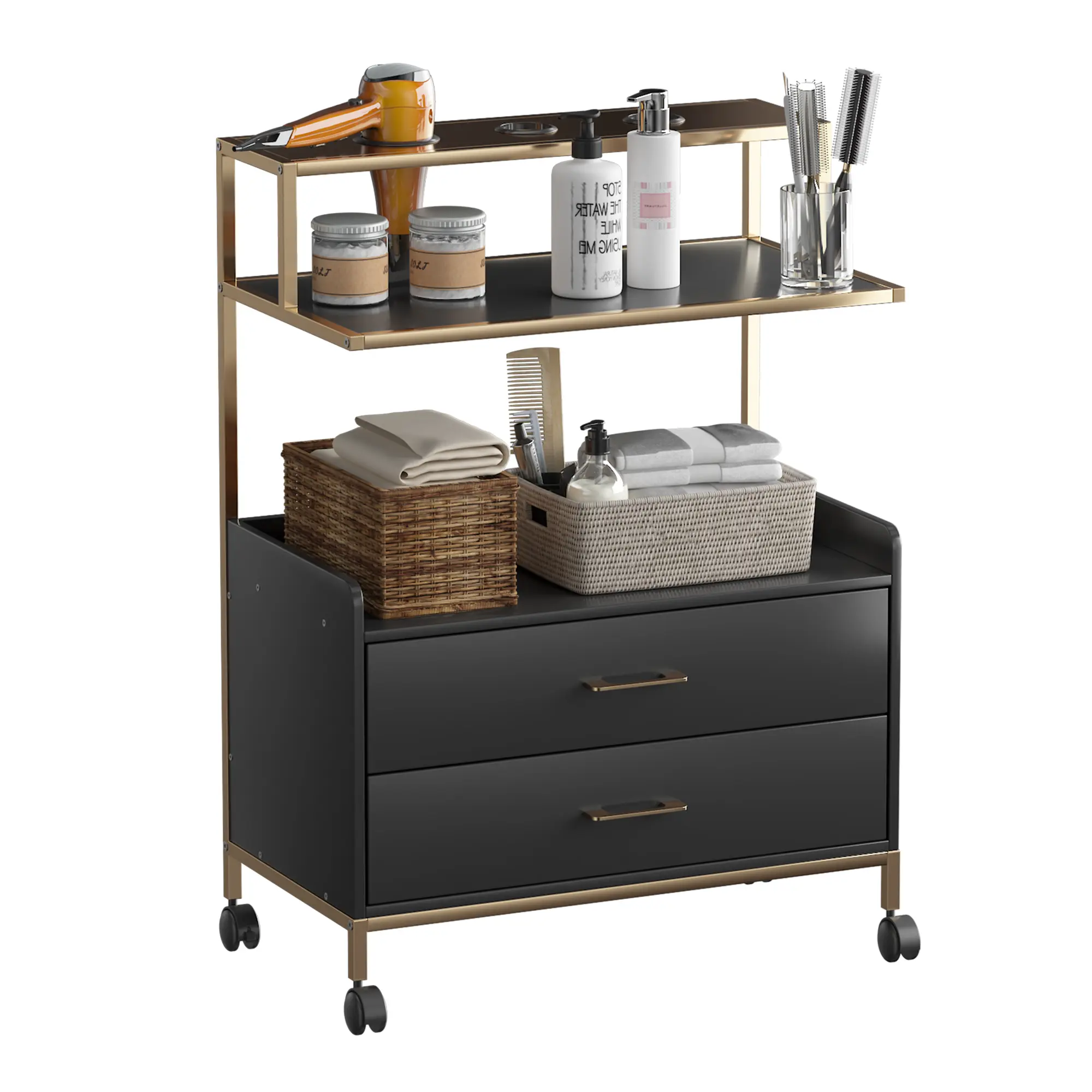 Hironpal Sturdy Stable Modern 3-Tier Rolling Salon Storage Cart - Durable Gold Frame, Anti-Scratch Black-White Marble Top, Racks, Blower Holder, Locking Wheels, Fireproof Waterproof Wood Organiser for Salon Styling Tool Users