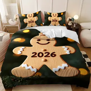 Bedding 3-piece set - 3PCS Happy New Year2026Gingerbread Man Pendant Design Down Comforter Set (1 duvet cover + 2 pillowcases, filling not included) A perfect gift for family, soft and comfortable, suitable for family bedrooms.