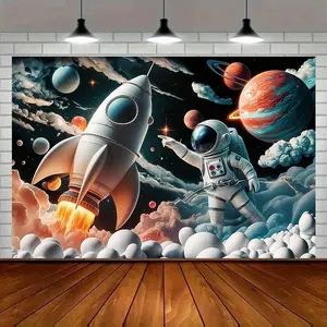 1pc 2D Flat Space Adventure Party Banner - Vibrant Polyester Backdrop with Astronaut & Rocket Design, Cosmic Planets & Stars, Perfect for Home Decor, Room Wall Decoration, Photo Props, and All White