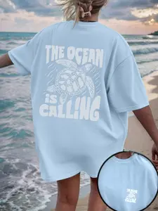 Women's Casual Loose-Fit Round Neck T-Shirt, Sea Turtle Letter Print, Thin Knit Fabric, Perfect for Daily Wear & Beach Outdoor Activities