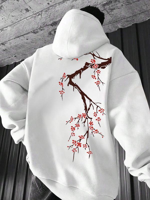 Men's Floral Print Drop Shoulder Hoodie, Fashion Casual Regular Fit Drawstring Pocket Hooded Sweatshirt for Daily Holiday Outdoor Wear, Men Clothes for Fall & Winter