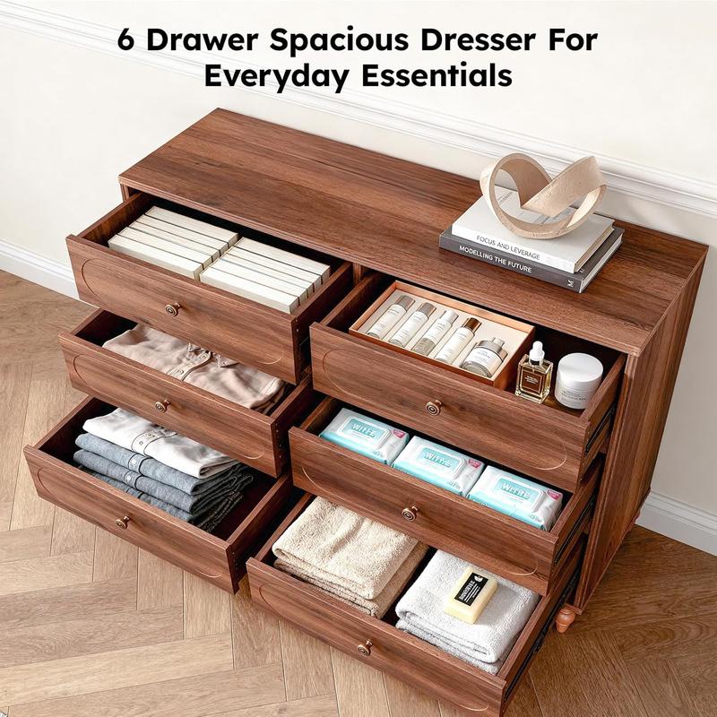 BERRY NEST 6 Drawer Dresser for Bedroom, 47" Wide Mid-Century Chest of Drawers with Solid Wood Legs, Dark Walnut Wood Dresser with 6 Storage Drawers for Bedroom, Living Room, TV Stand