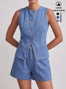 Women's Summer Slim Fit Denim Two-Piece Set, Sleeveless Belted Vest with A-Line Shorts, Casual Everyday Wear, Trendy Vacation
