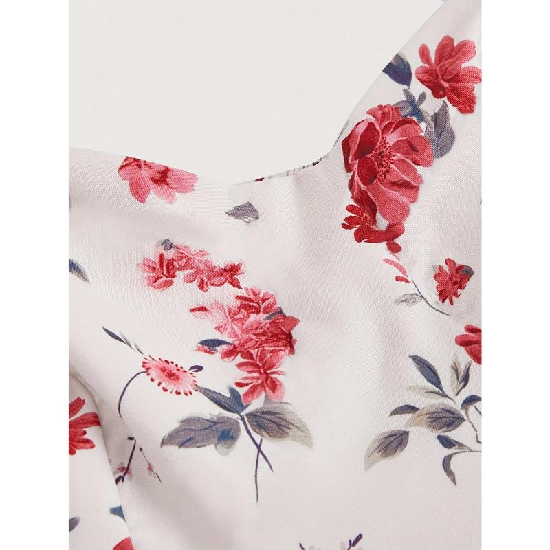 Stand Collar Drawstring Women's Elegant Off-Shoulder Floral Print Dress with Red Bow Straps - Women's Smocked Tiered Maxi Dress