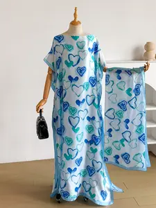 Women's Sexy Heart Print Robe Outfit Set, Matching Long Dress + Headscarf Scarf Hairband, Beachwear Sun Protection Satin Shawl, All Seasons