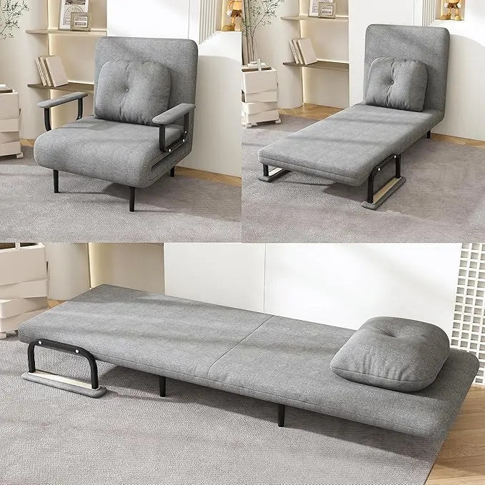 3 in 1 Convertible Sleeper Chairs Bed,Folding Sofa Bed Chair with 5Position Adjustable Backrest&Pillow,Single Futon Chair Beds Sleeper for Adults Living Room Bedroom Office Small Spaces (Grey)