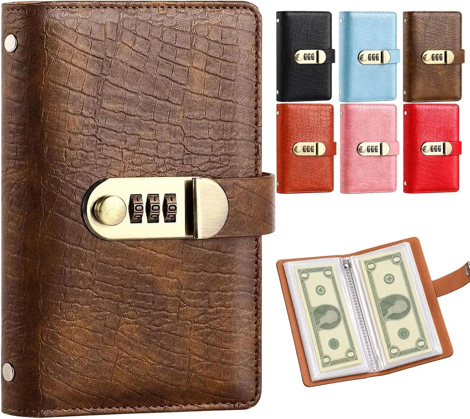 100-Pocket Premium PU Leather Currency Collection Album with Password Lock, A6 Compact Travel Safe Cash Org Binder with Album Cover & Binder Pages, Home Organizer for Collectors