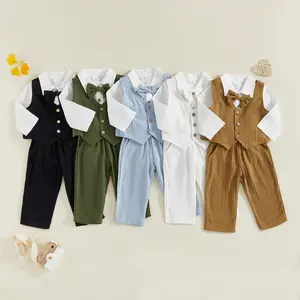 REDWOON Newborn Baby Boy Dress Clothes Long Sleeve Romper Shirt Bowtie Waistcoat Suspender Pants Set Suit Fall Outfits