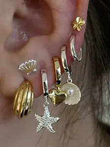 7PCS Women Teens Boho Ocean Earring Stack Set, Gold & Silver Tone Alloy with Starfish, Shell & Flower Hoops, Stackable Earrings for Beach, Daily & Vacation, Ideal Summer Birthday Gift