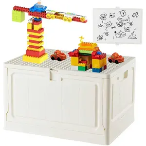 Folding Box with Large Building Lid for Duplo Blocks, 28L Collapsible Bin with Back Drawing Board, 29 Qt.Container- 1 Pack- White