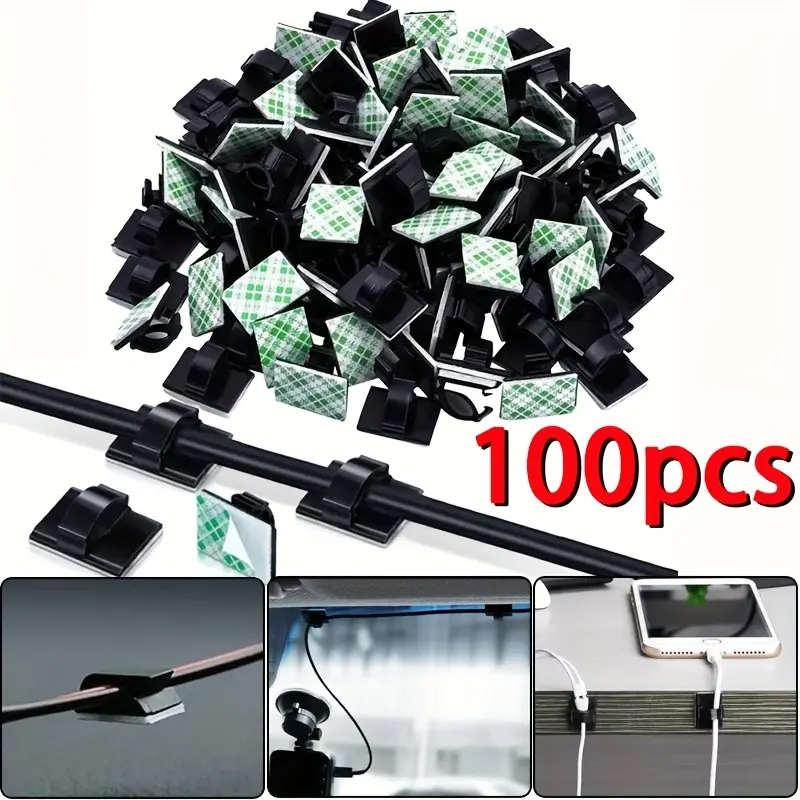 100 black adhesive cable clips, car dashboard wire fixing clips, large multi-functional cable clips, suitable for various wire bundling applications
