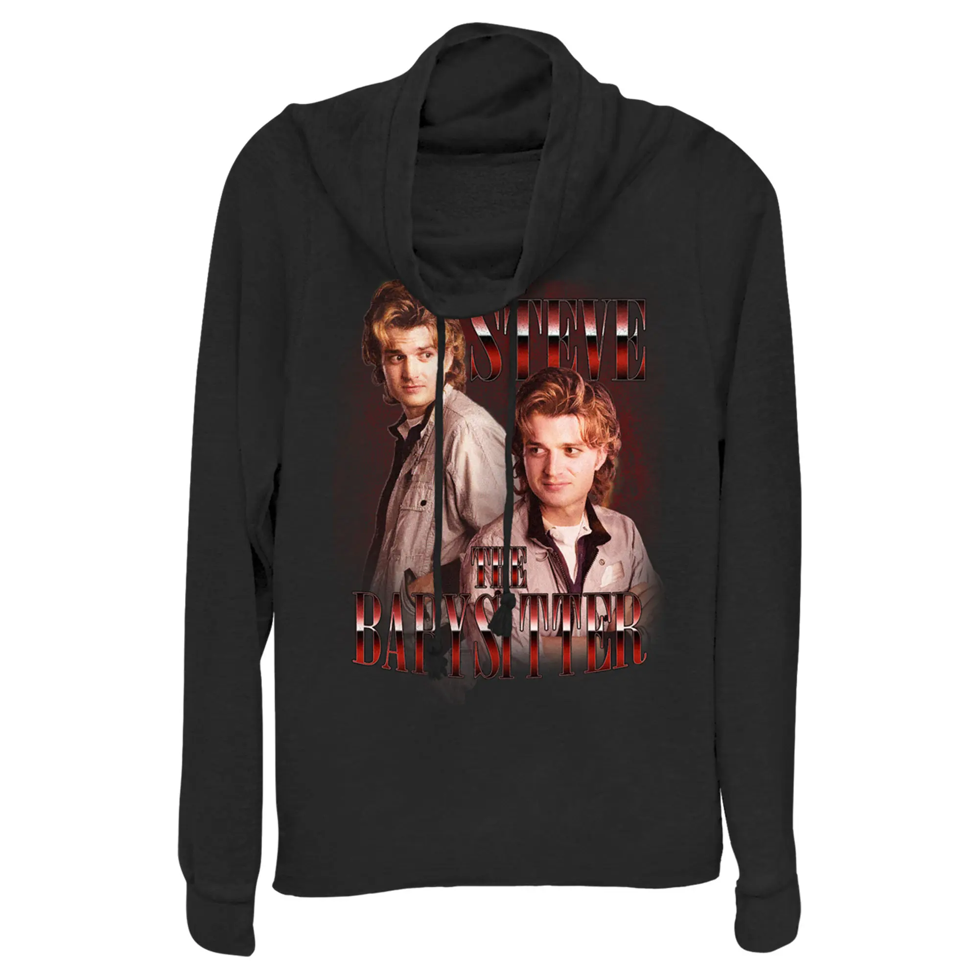Juniors Womens Stranger Things Steve The Babysitter Cowl Neck Sweatshirt