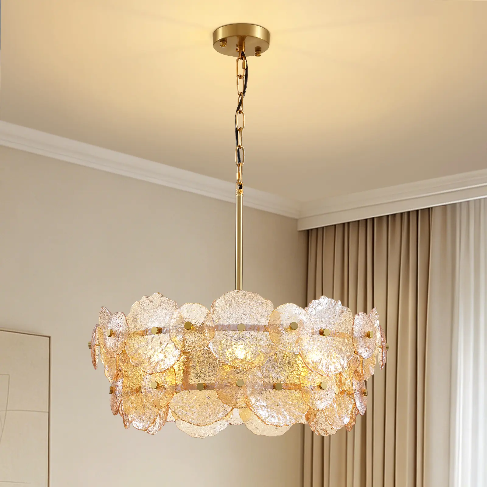 Contemporary Brass Modern Flower Elegant Glass Chandelier - 24.8" 6-Light Luxury Diffused Shade French Country Style Light Fixture, E26, Bulk Discount for Airbnb, for Living Room & Dining Room, French Country Style Chandeliers, Diffused Shade Chandeliers