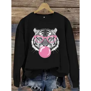 Women's Tiger & Bubble Gum Print Crew Neck Sweatshirt, Casual Long Sleeve Pullover for Daily Wear, Ladies Clothes for Fall & Winter, Hoodie