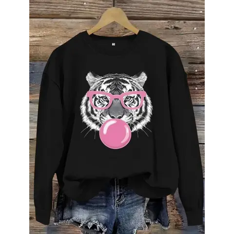 Women's Tiger & Bubble Gum Print Crew Neck Sweatshirt, Casual Long Sleeve Pullover for Daily Wear, Ladies Clothes for Fall & Winter, Hoodie
