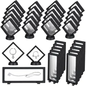 30 Pack 3D Floating Display Stand Floating Frame Display Case  Display Holder with Base Transparent PE  Storage Box Black Freeze Seal Frame for ,Specimen,Medallions(Black)