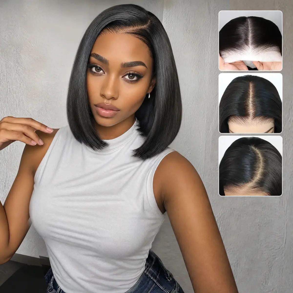 U&A Hair 9x7 Glueless Synthetic Wear and Go Straight Wigs Double Drawn Bob Wig High Density, Natural Hairline with Tiny Knots