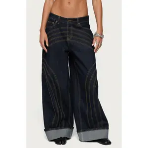 Edikted Women's Cuffed Low Rise Wide Leg Jeans