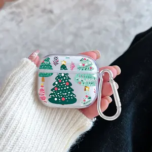 Festive Christmas Trees Pattern TPU Soft Protective Case for Apple AirPods 4/3/2/1/Pro/Pro2 Transparent Earphone Cover with Keychain Attachment
