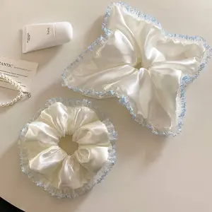 Mother's Day Gifts, Satin Scrunchies with Floral Lace Trim(1 Pack), Elegant Cream White Jumbo Hair Ties for Women, Soft Oversized Ponytail Holder, Aesthetic Floral Edge Mesh Scrunchy for Thick Hair, Wedding & Party Hair Accessories