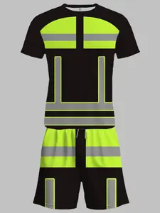 Reflective Safety Workwear Set for Men, Summer Fluorescent Short Sleeve Shorts Two-Piece Kit, Pocket Drawstring Waist, Ideal Gift