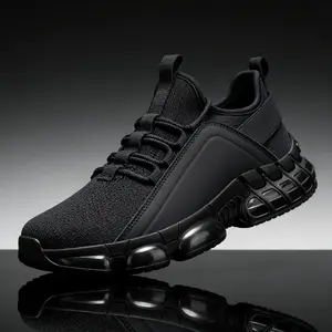 Men's All-Black Breathable Mesh Sneakers - 5cm Height Increasing Lift, Ultra-Lightweight Flyknit Running Shoes for Gym, Office & Daily Walking | Non-Slip Thick Sole Casual Trainers for Men & Teens Looking for Style & Comfort