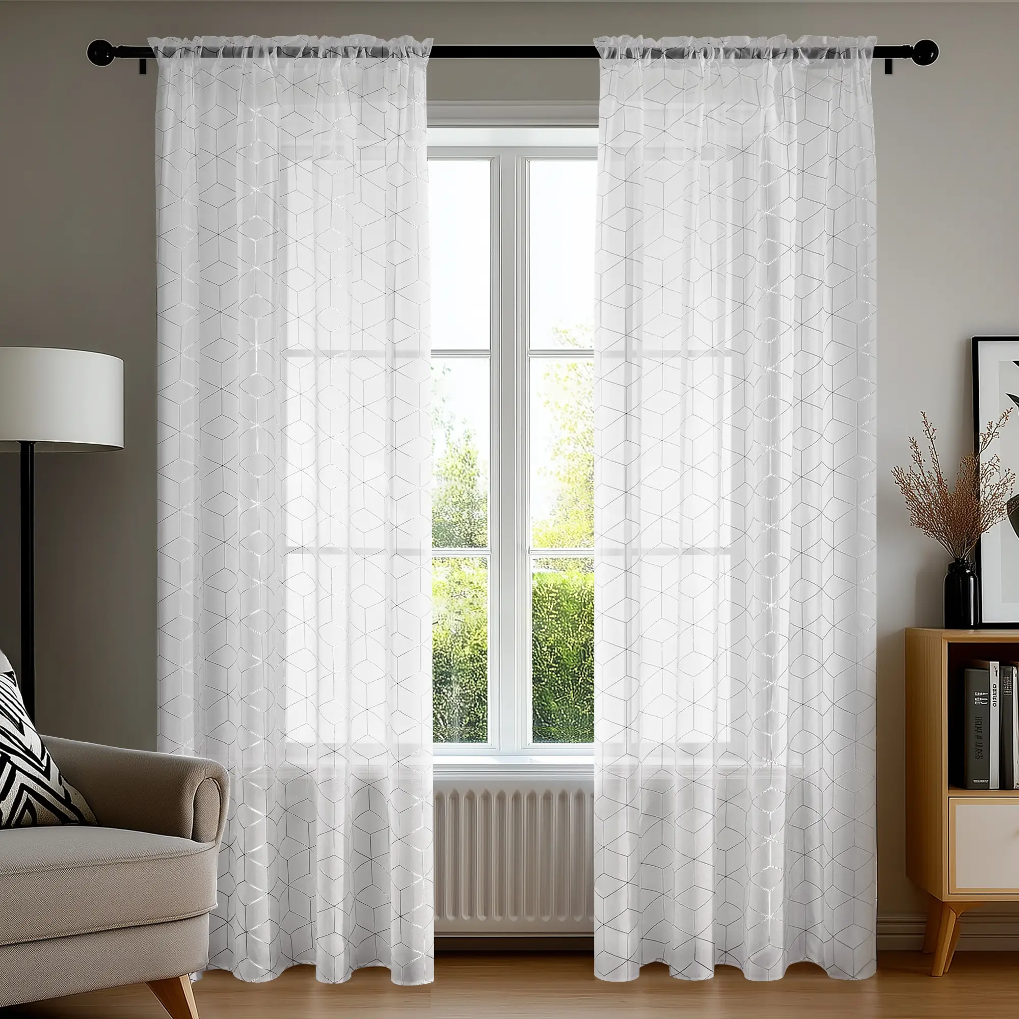 Silver Geometric Sheer Curtains | Rod Pocket | Light Filtering Drapes Silver Geometric Sheer Curtains | Rod Pocket | Light Filtering Drapes
