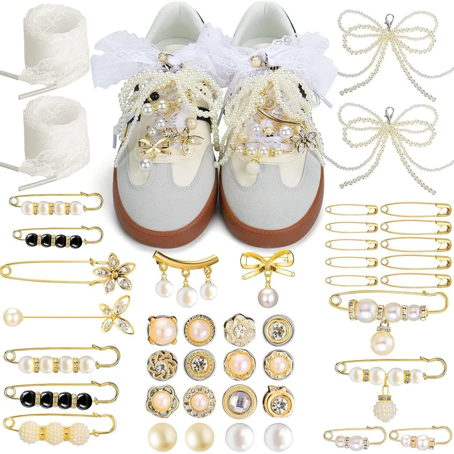 Women's Elegant Pearl Shoe Charms, 43-Piece Retro Alloy Metal DIY Set with Rhinestone Clips & Fancy Laces for Sneaker Decoration, Bow Clip, Elastic, Artificial Pearl, Patchwork, 55 Inches Length, 3Cm Width, 43-Piece Set, Beads, Bright