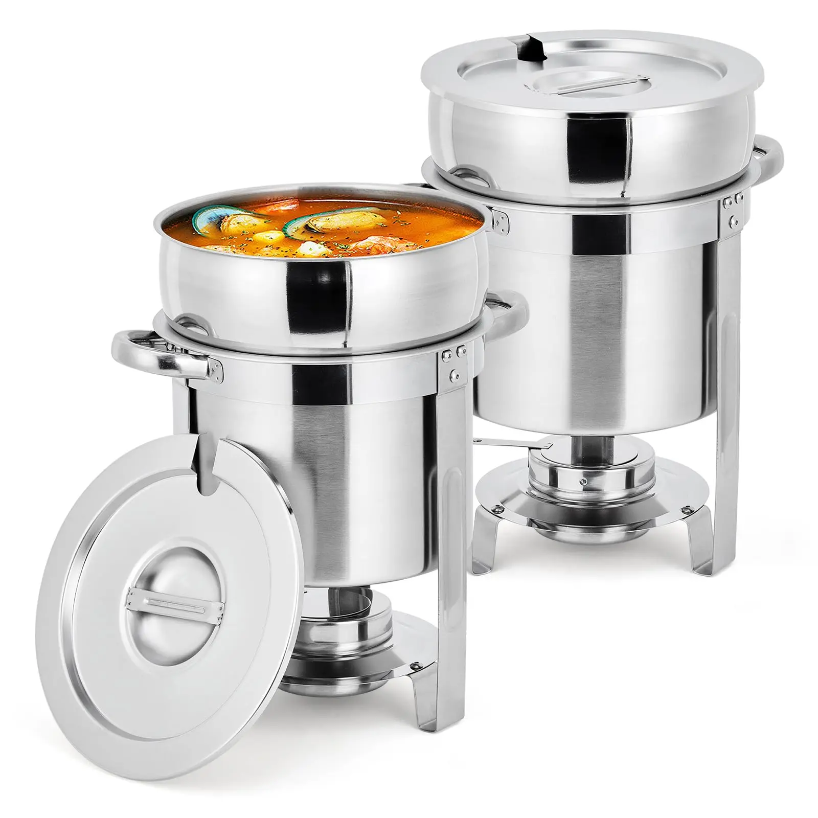 GARVEE 11QT Commercial-Grade Stainless Steel Soup Chafer Set of 2 with Round Food Warmers, Notched Lids, and Fuel Holders for Buffet Catering and Banquet Service