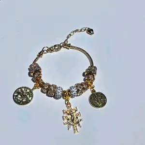 Gold Plated Bracelet with Tetragramaton San Benito and Cruz de Caravaca Beaded Design Religious Charms