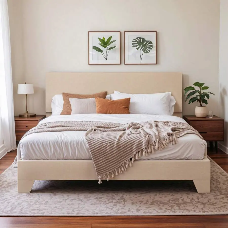Upholstered Bed Frame With Adjustable Headboard, Beige/Black/Dark Grey/Light Grey - Soft Linen Fabric & LED Cloud Twin Size Gingham Daybed Trundle
