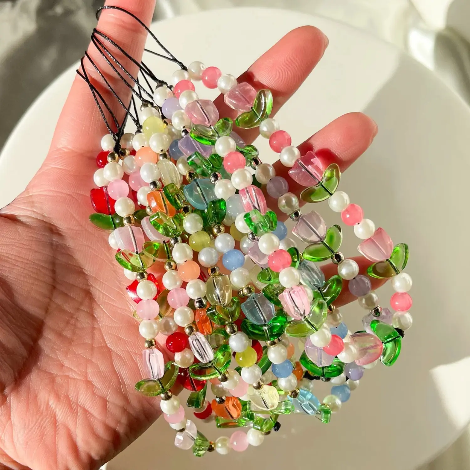 Handmade Beaded Tulip Phone Charm Pastel Camera Strap Y2k Accessory with Colored Pearls Acrylic Multicolored Beads Glass Multicolored Tulip Beads and Gold Silver Spacer Beads