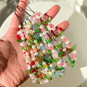 Handmade Beaded Tulip Phone Charm Pastel Camera Strap Y2k Accessory with Colored Pearls Acrylic Multicolored Beads Glass Multicolored Tulip Beads and Gold Silver Spacer Beads